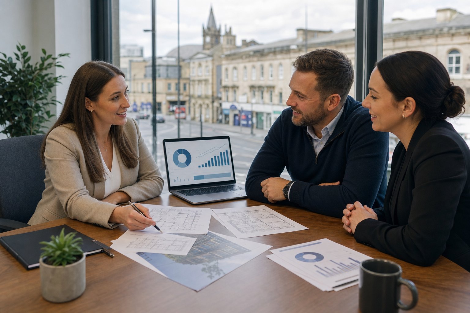 Commercial mortgage advisor meeting business clients in a modern Blackburn office, reviewing property finance documents in natural light.