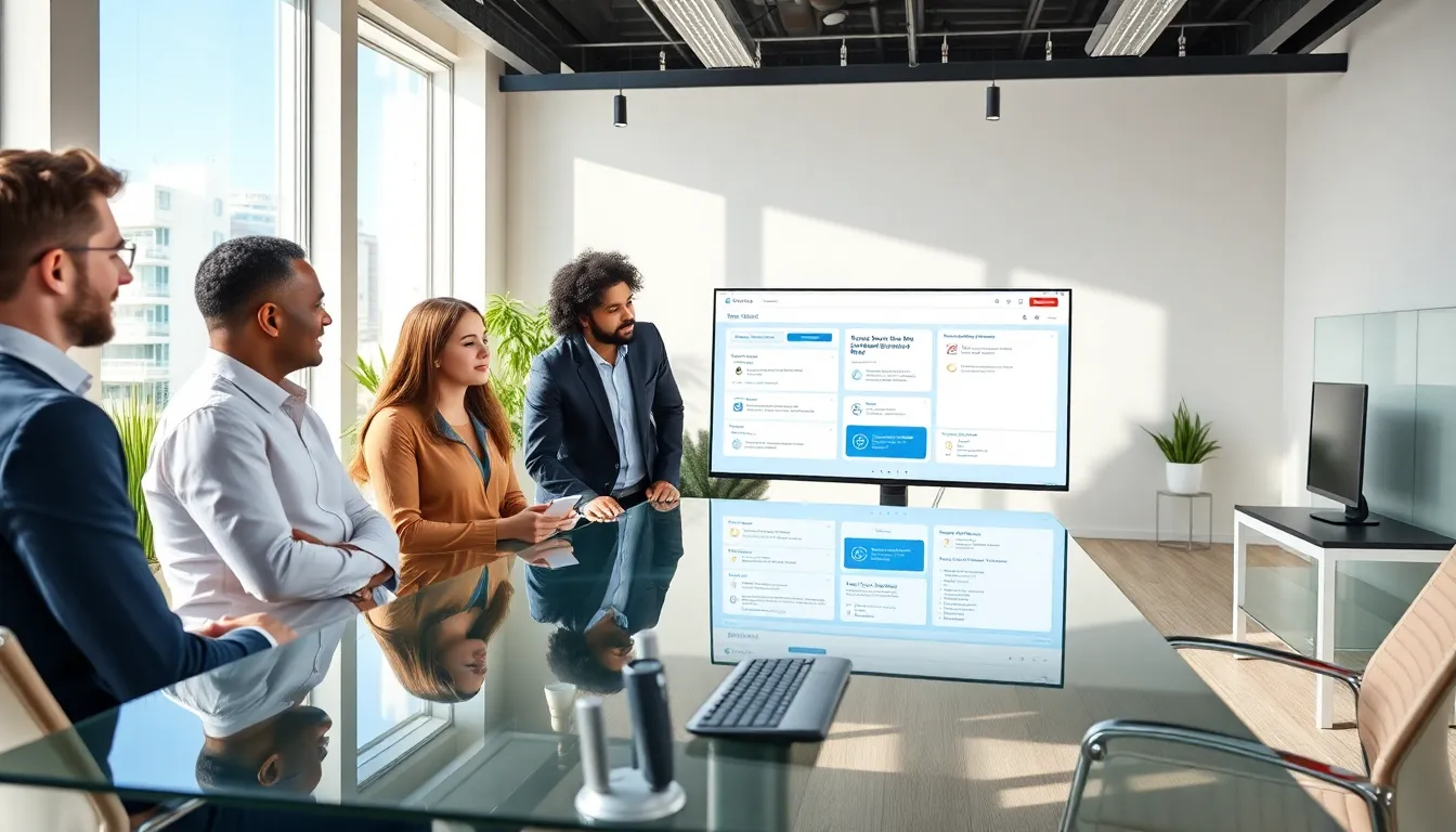 diverse team discussing software improvements in a modern office.