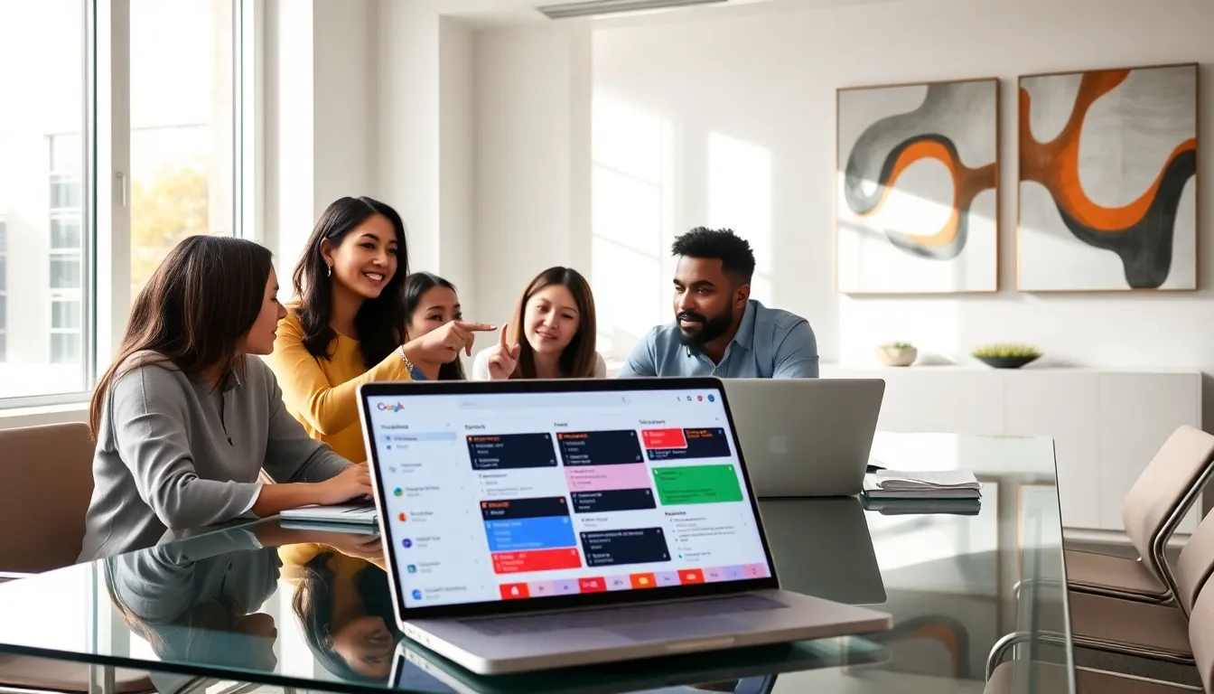 diverse team collaborating on Google Calendar tips in a modern office.