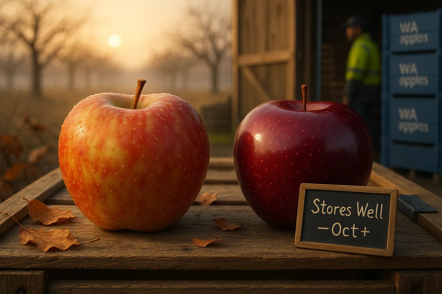 Two apples (Honeycrisp and Cosmic Crisp) on a harvest crate in autumn.