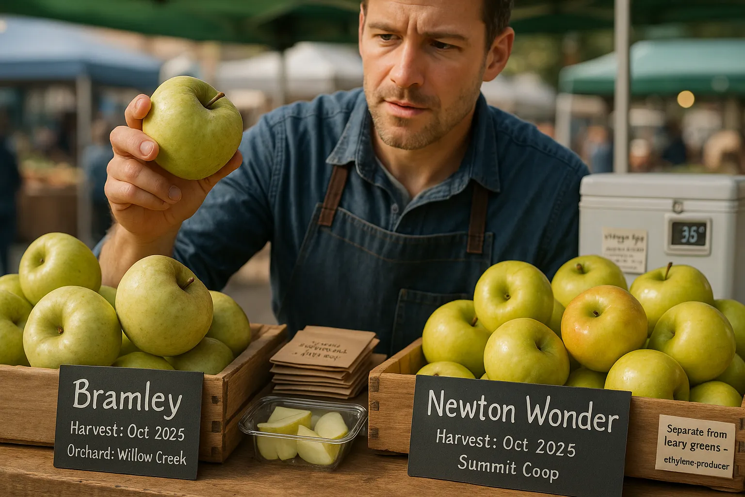 Two labeled piles of Bramley and Newton Wonder apples at a farmers’ market.