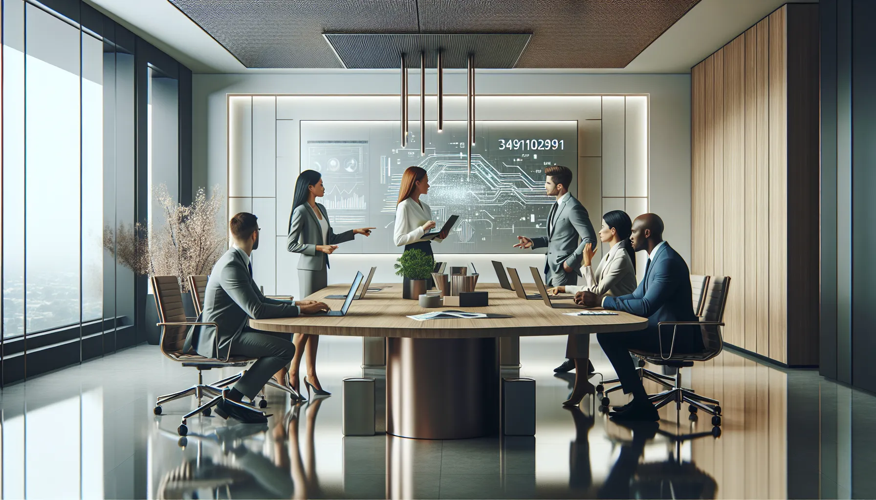 diverse team discussing data in a modern office.