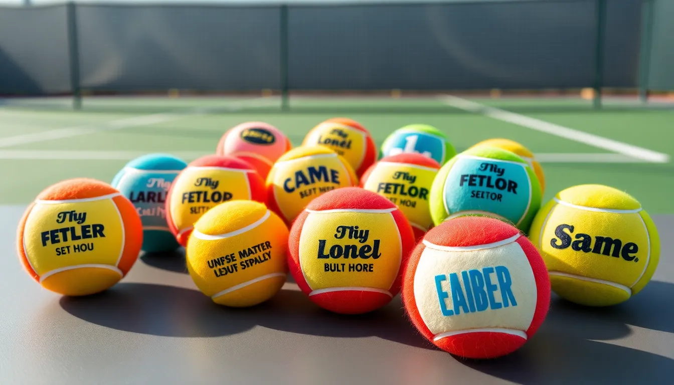Colorful personalized tennis balls displayed on a court surface.