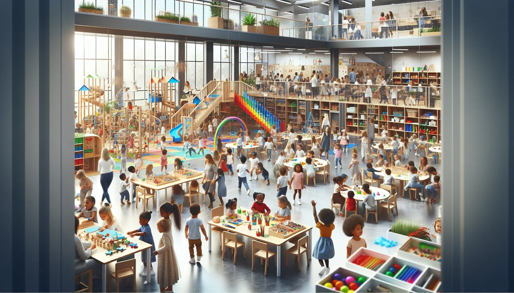 diverse group exploring learning activities in a vibrant educational space.