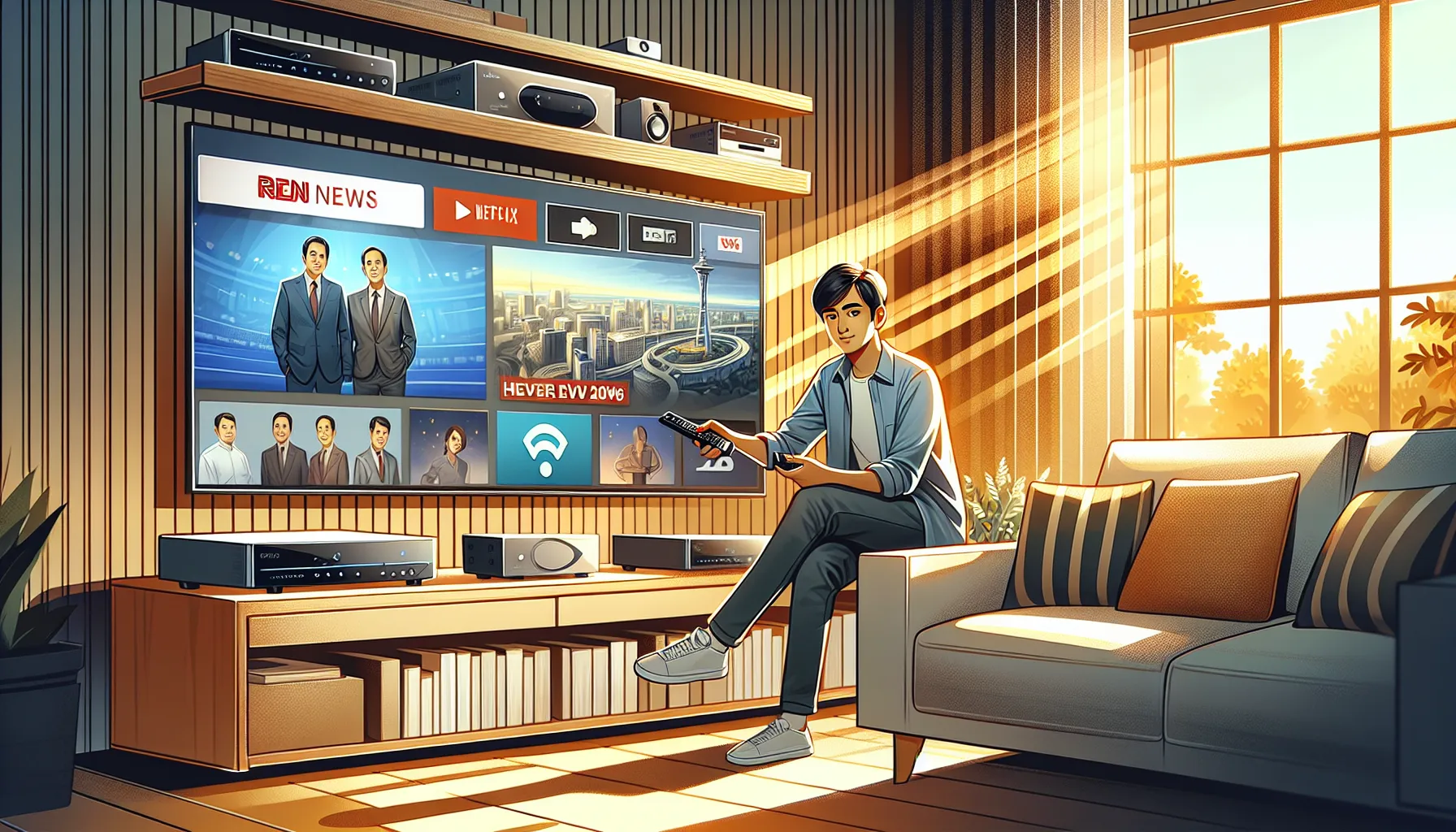 A person watching TV with live channels and streaming apps in a modern living room.