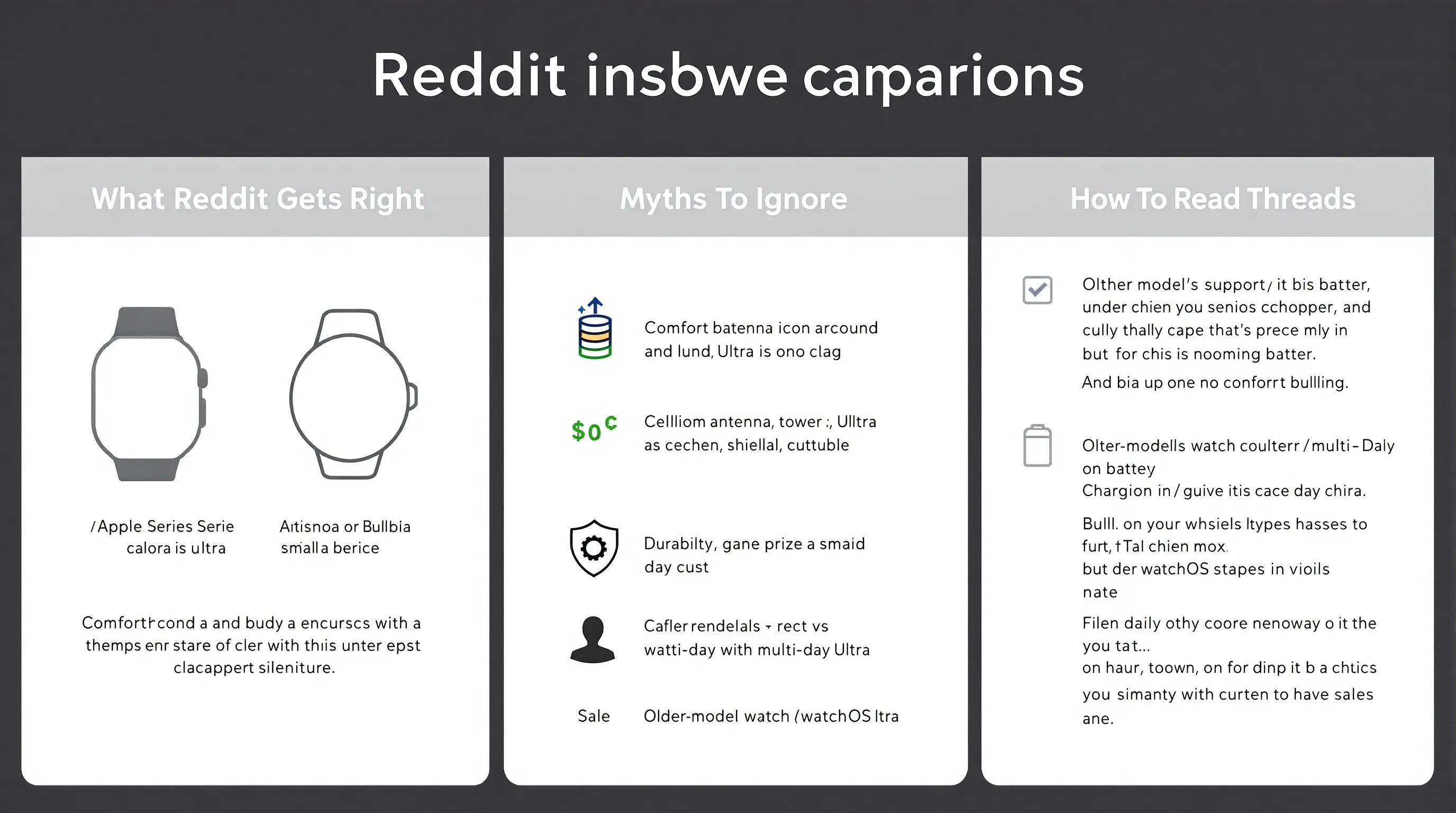 Three-column infographic of Reddit tips, myths, and thread-reading advice for Apple Watch.