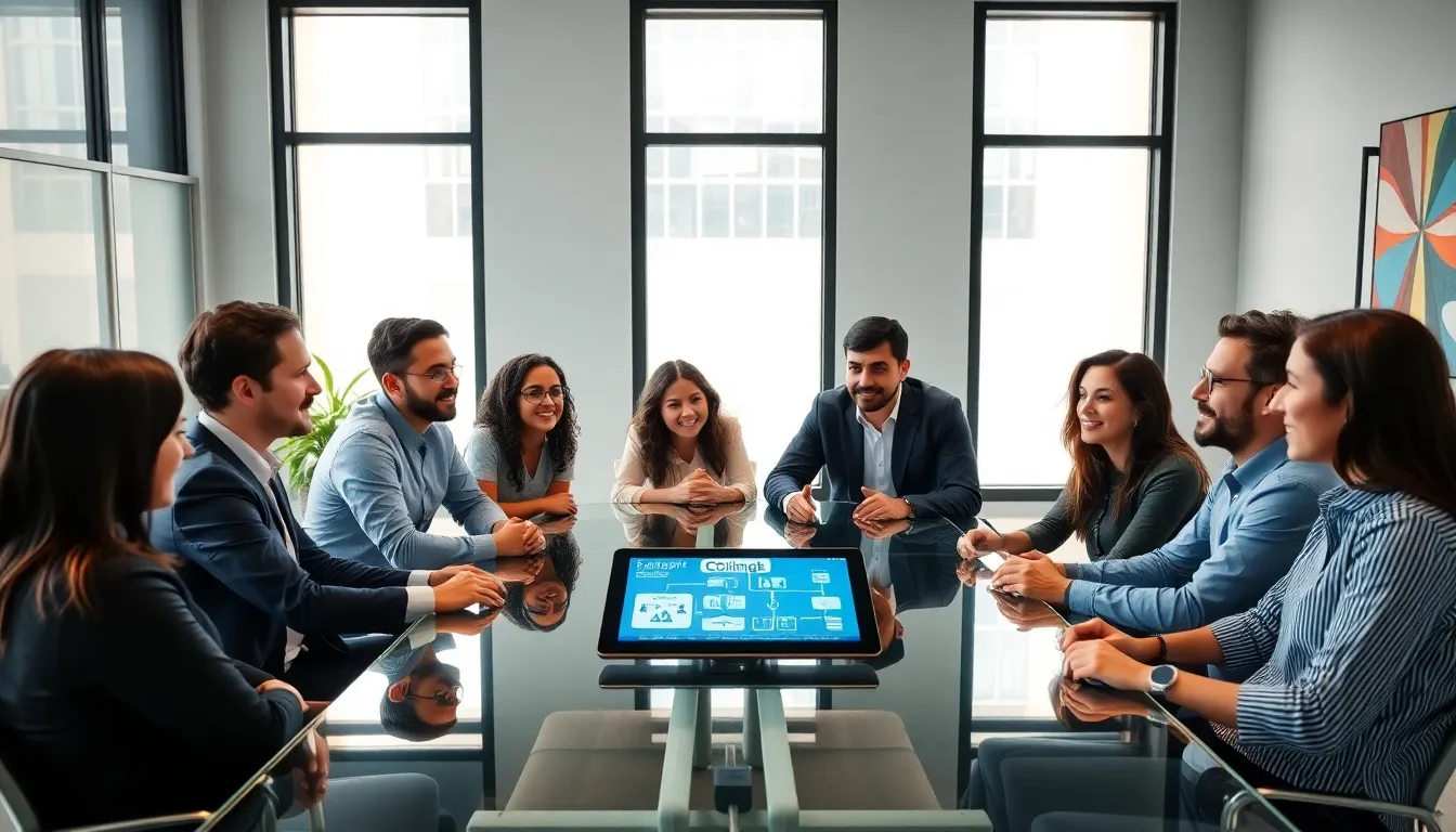 diverse team collaborating on cgjnkf in a modern office.