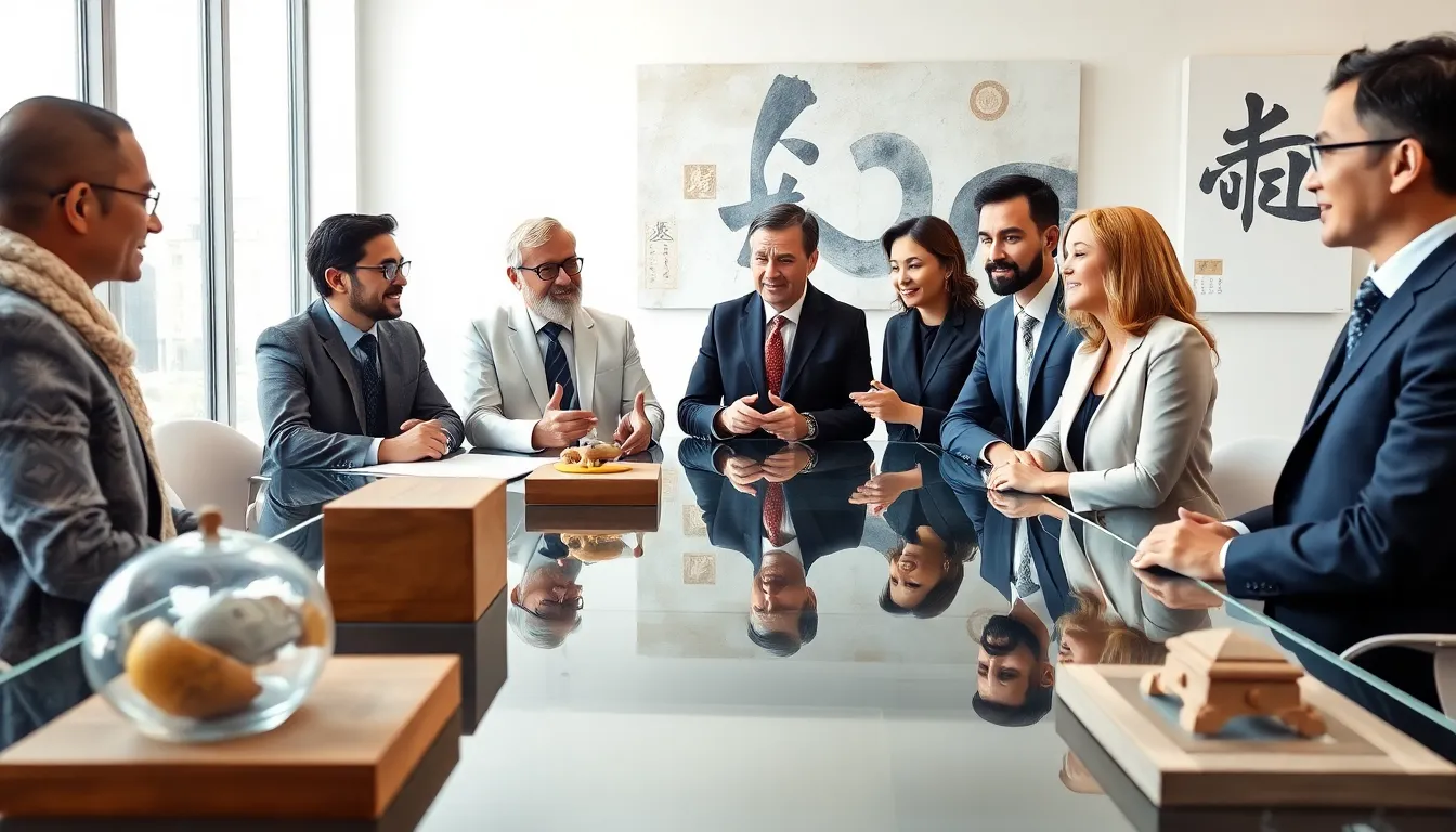 diverse researchers discussing the origins of cultural traditions in a modern office.