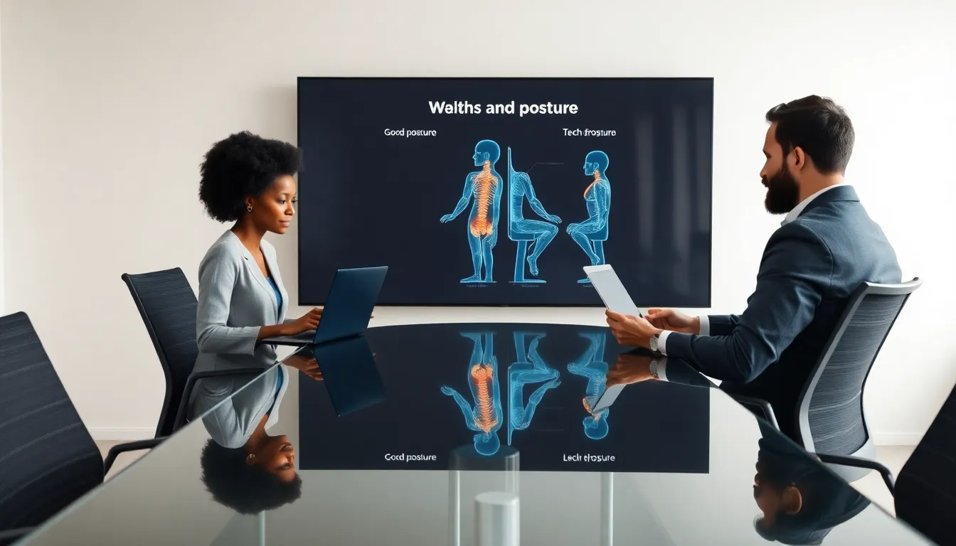 professionals discussing tech neck prevention in a modern office.