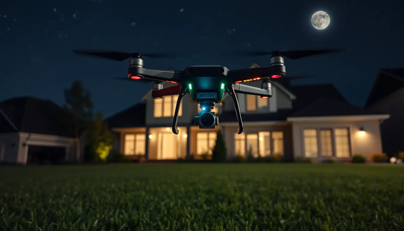 Drone flying over a suburban home at night with LED lights.