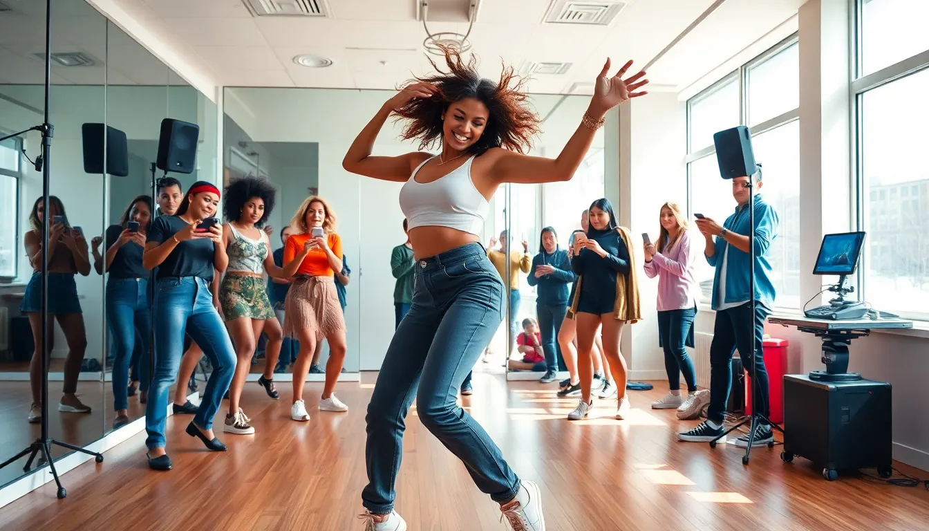 Dizzydancer1123 dancing in a bright studio with enthusiastic followers.