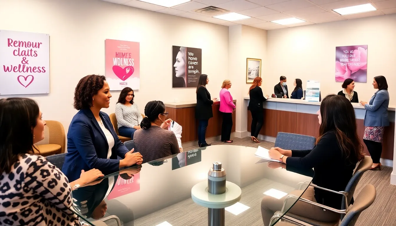 diverse women consulting in a modern healthcare reception area.