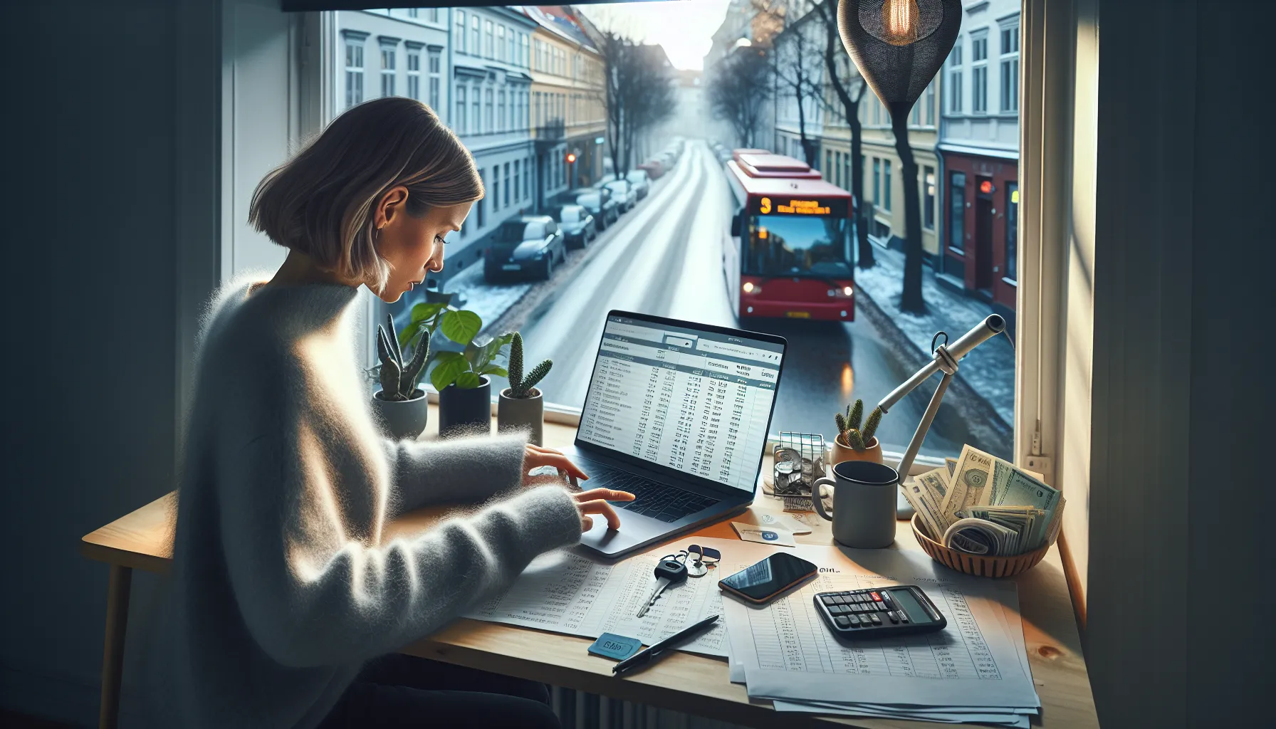 Woman in norway tracking transport costs on laptop to find savings.