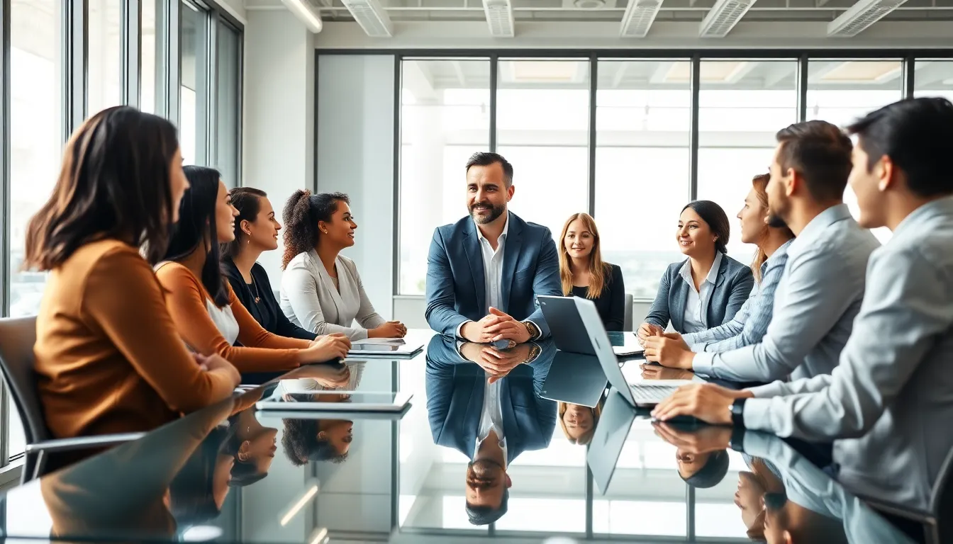 professionals discussing servant leadership in a bright office setting.