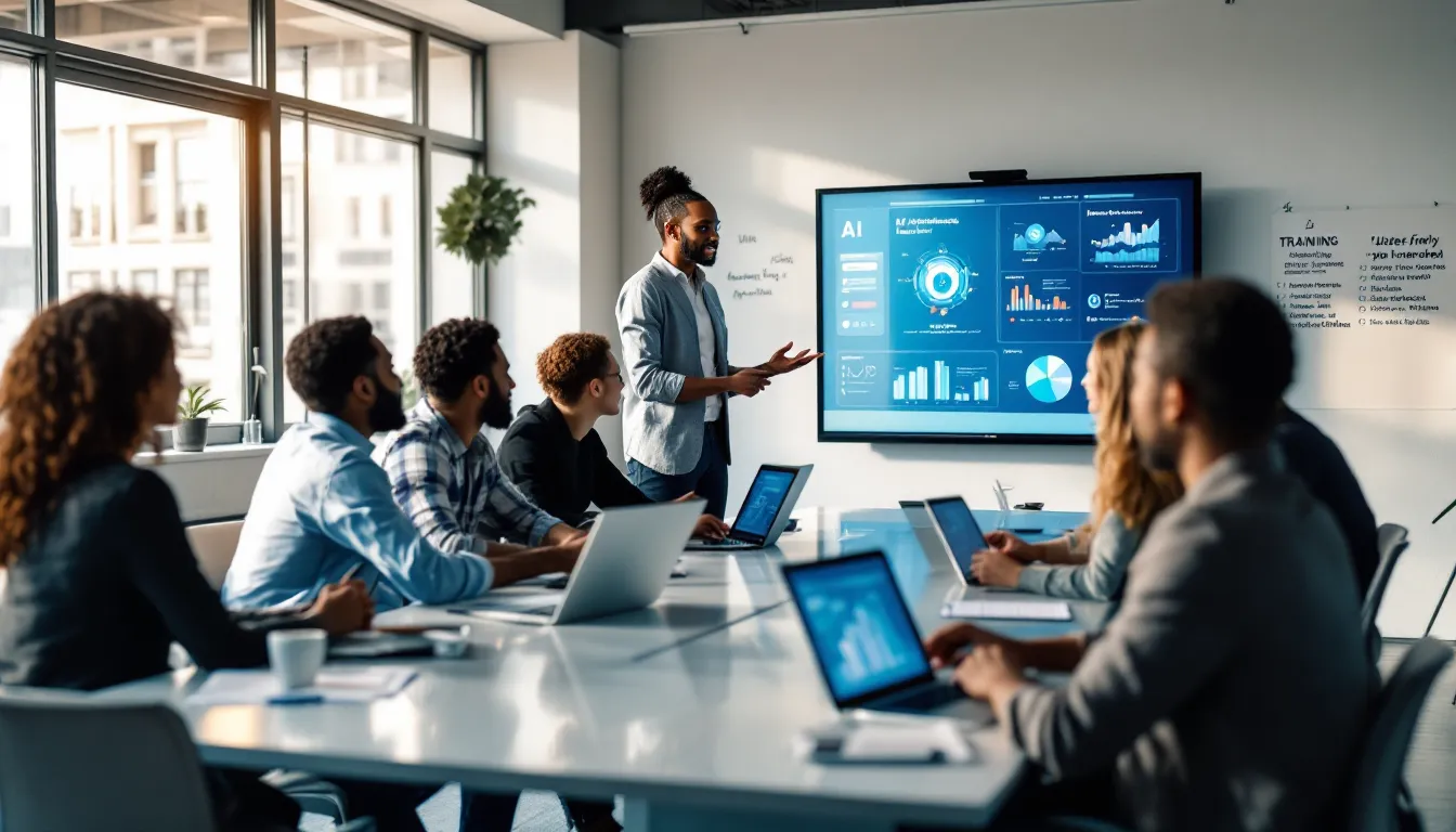 Diverse professionals in training session learning AI tools in modern office setting.