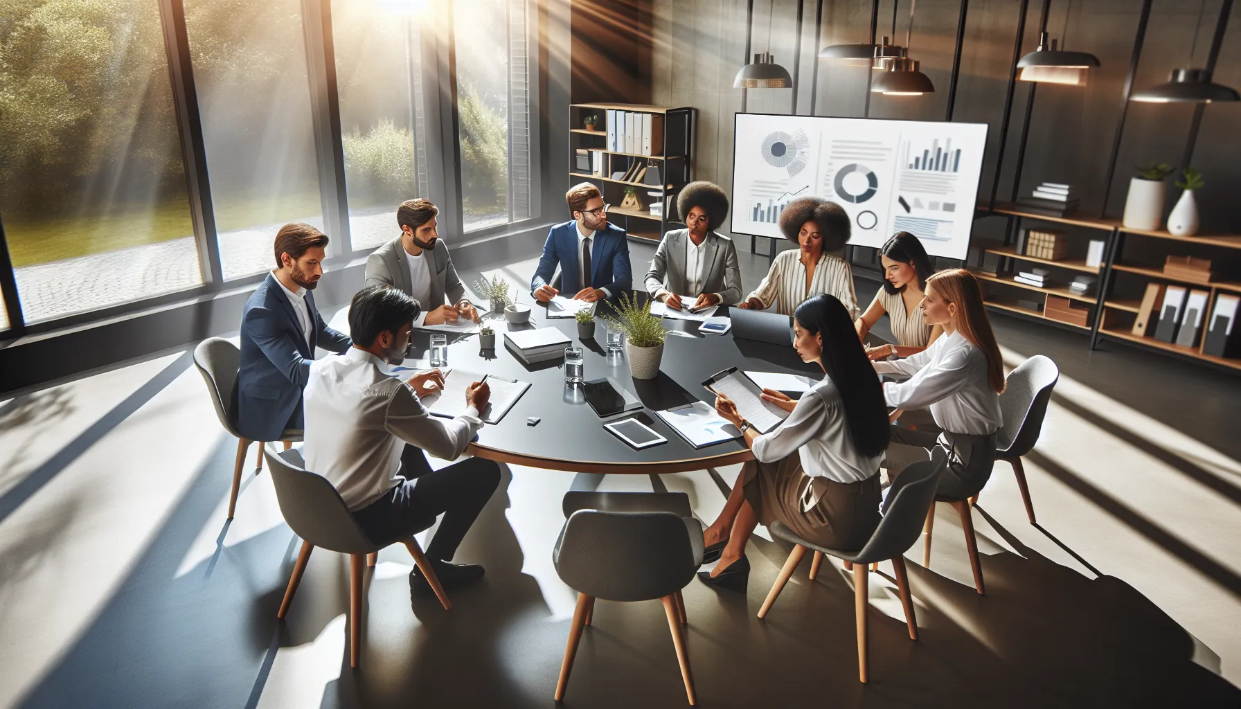 diverse professionals discussing wcispv loans in a modern office.