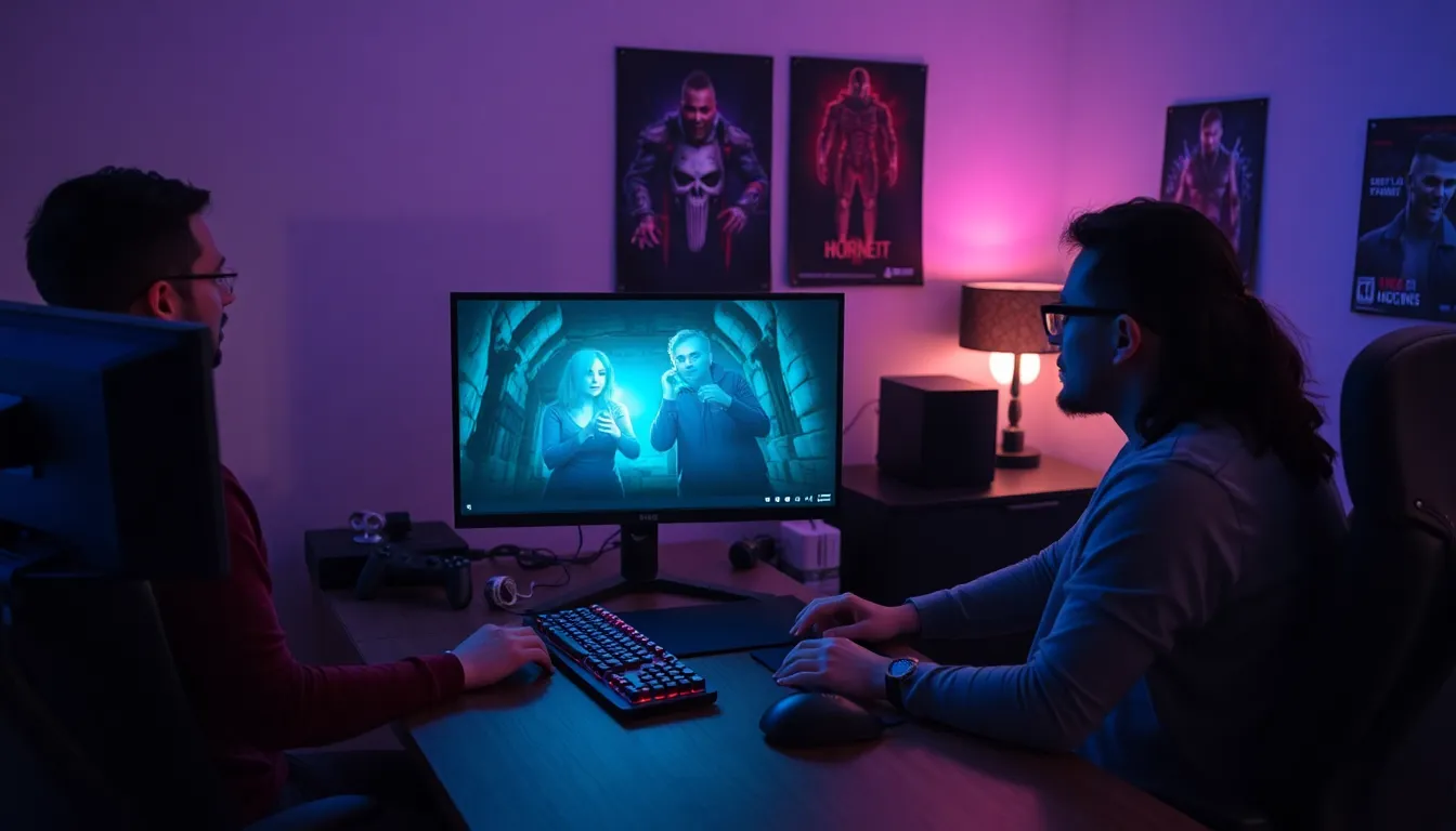 diverse gamers intensely playing horror games on a modern desktop setup.