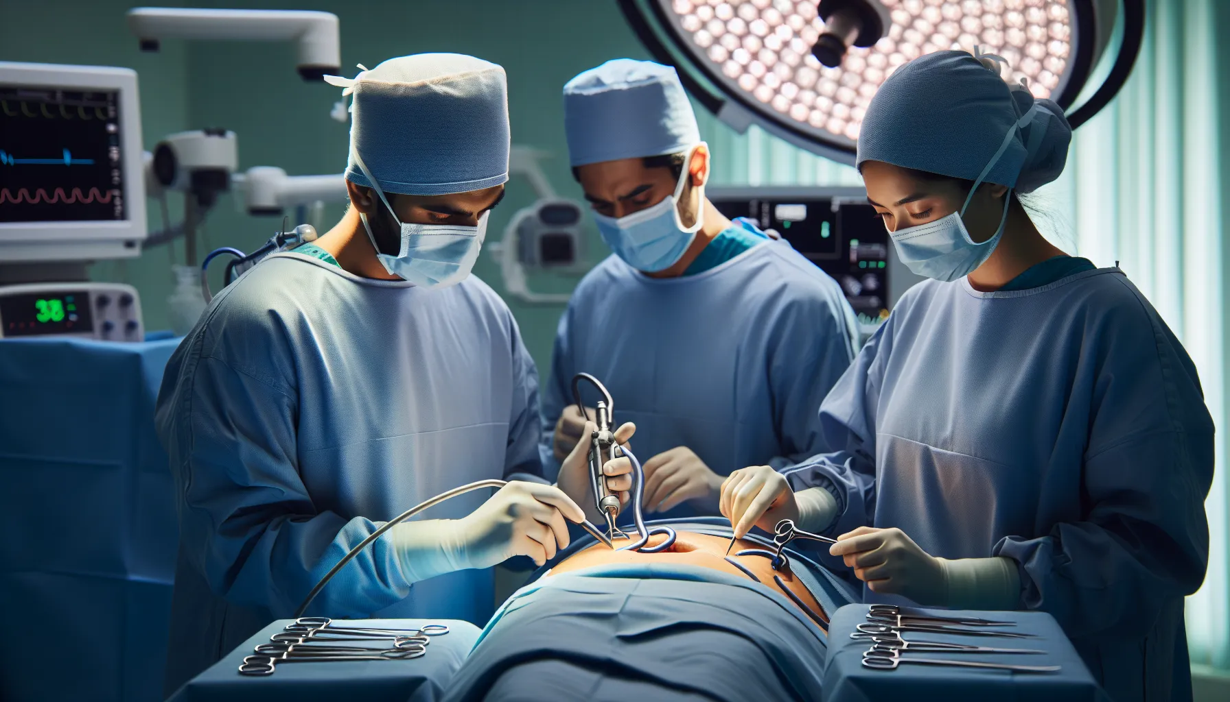 surgeons performing a cholecystectomy in a modern operating room.