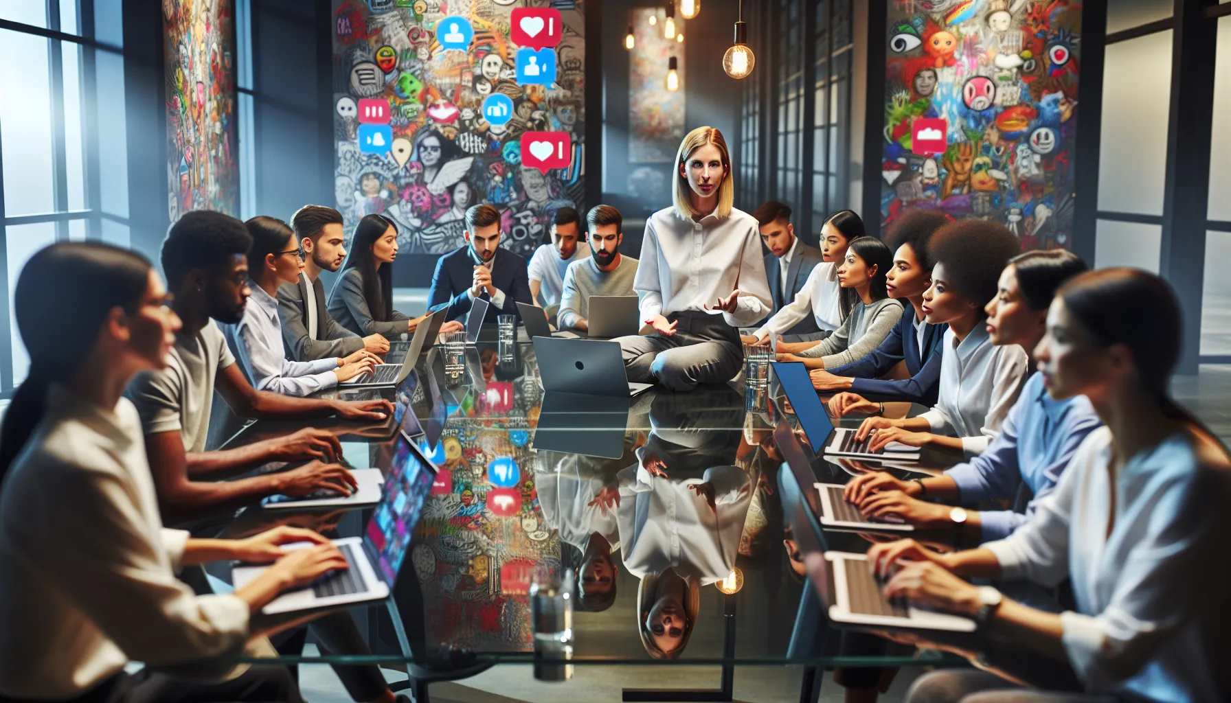 Content creator engaging with a diverse audience in a modern office.