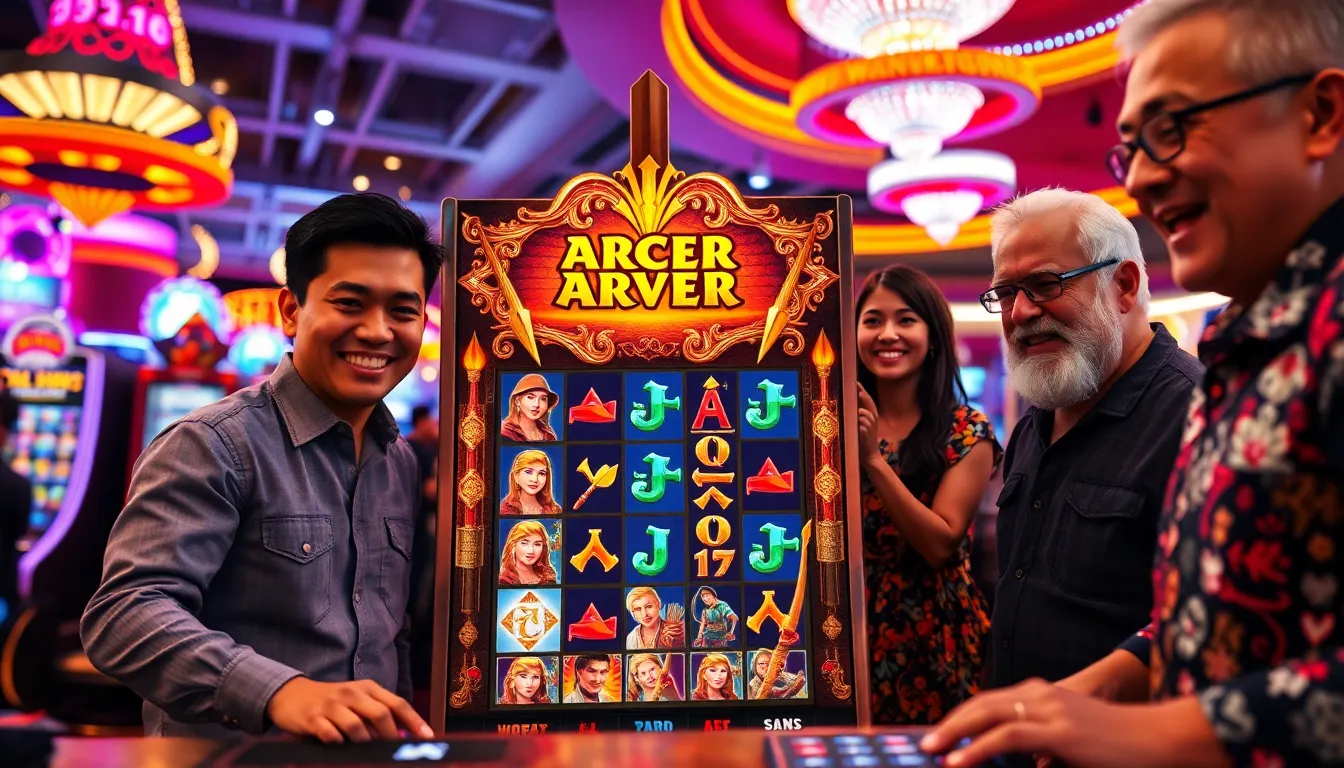 a vibrant casino scene featuring the Lots Of Power Play Archer Slot machine.