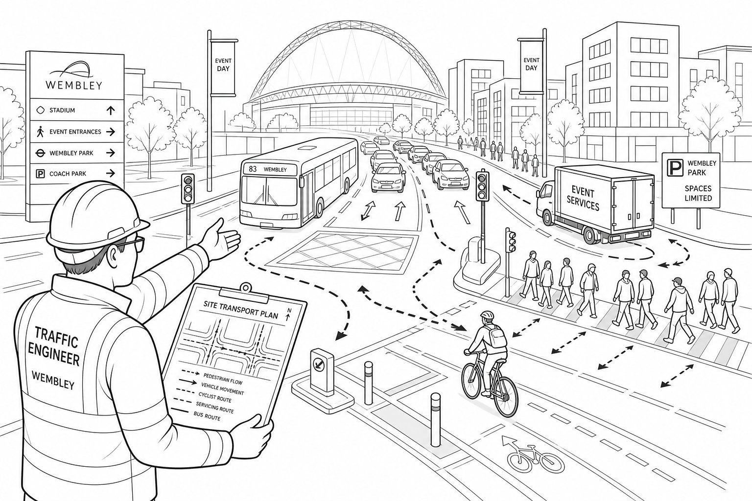 Traffic engineer reviewing a busy Wembley junction with pedestrians, buses, and cyclists.