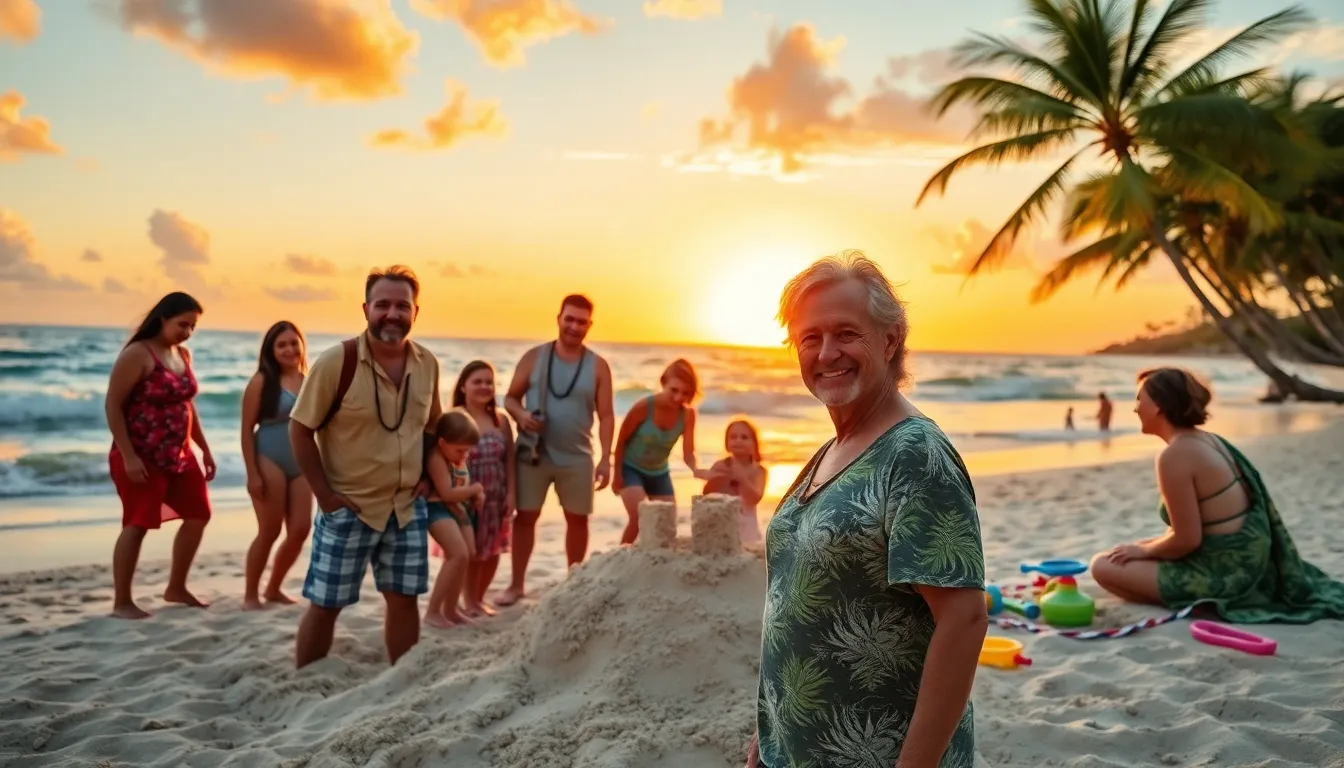family enjoying a beach vacation at sunset in Hawaii.