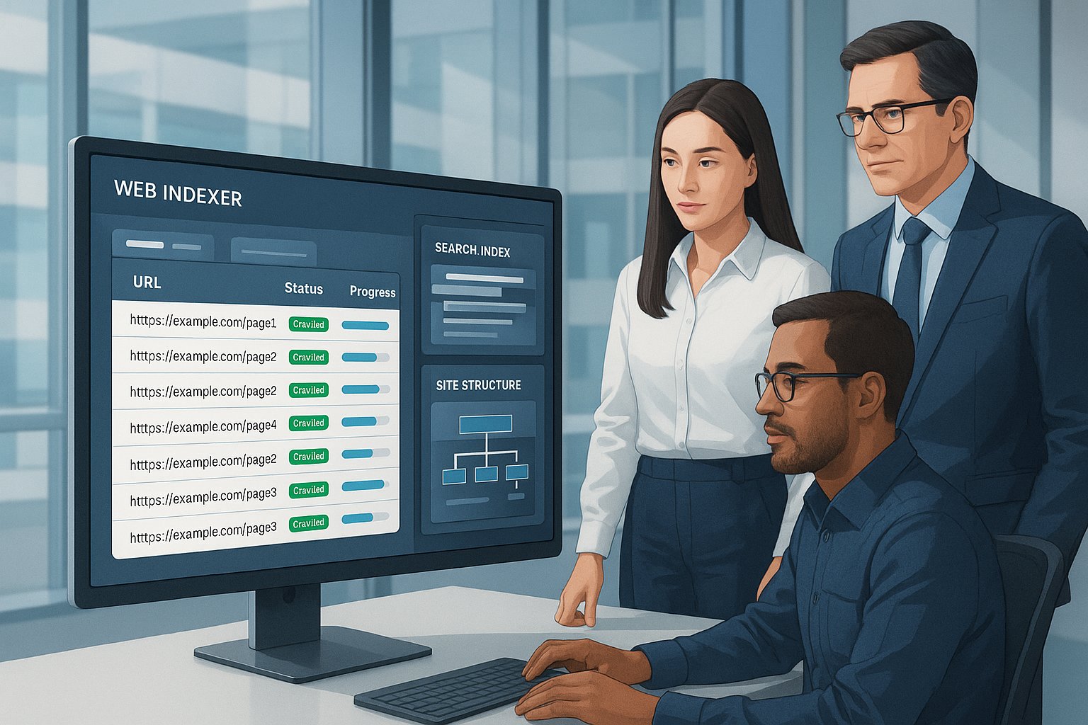 Professionals reviewing a web indexing dashboard in a modern office.