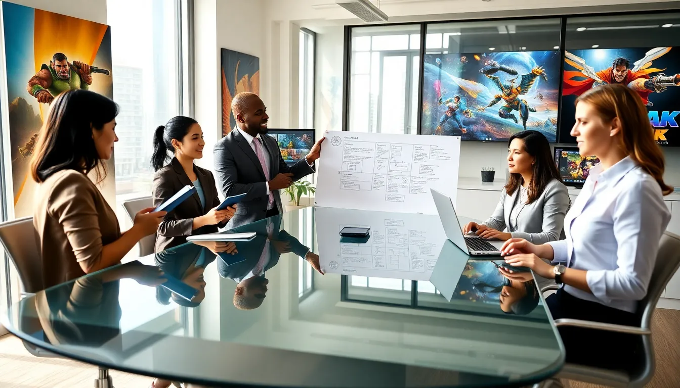 diverse team collaborating in a modern game development office.
