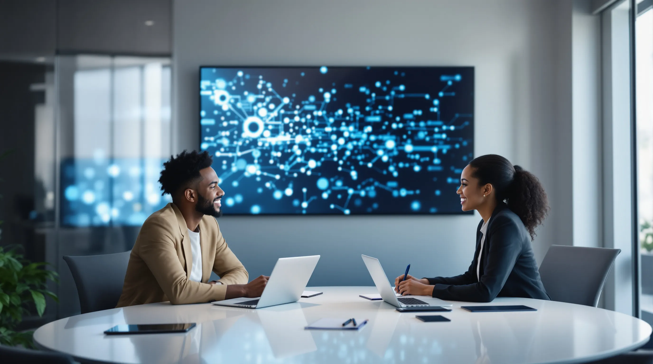 diverse professionals collaborating in a modern office focused on technology.