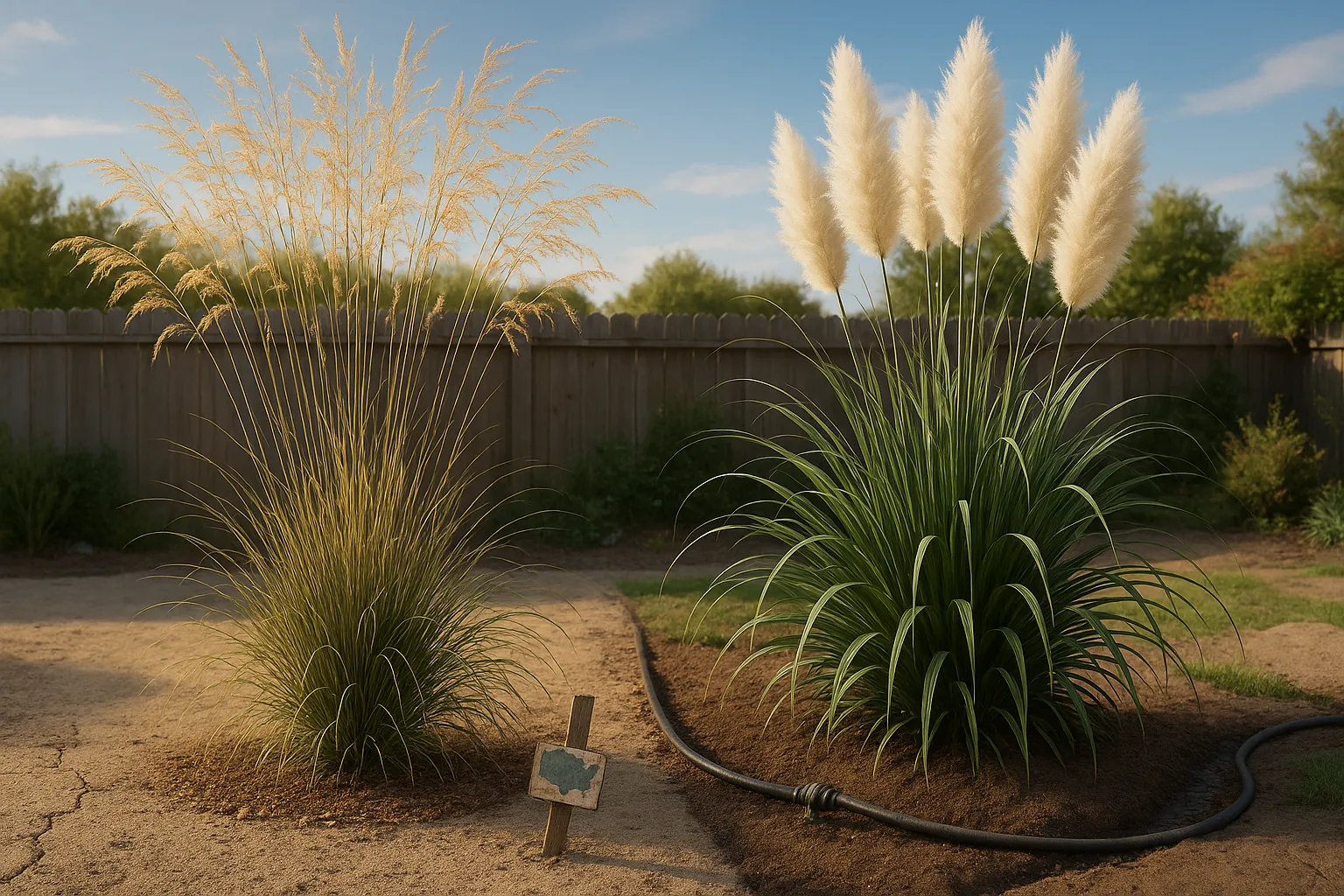 Side-by-side Stipa gigantea and pampas grass showing soil and drought differences.