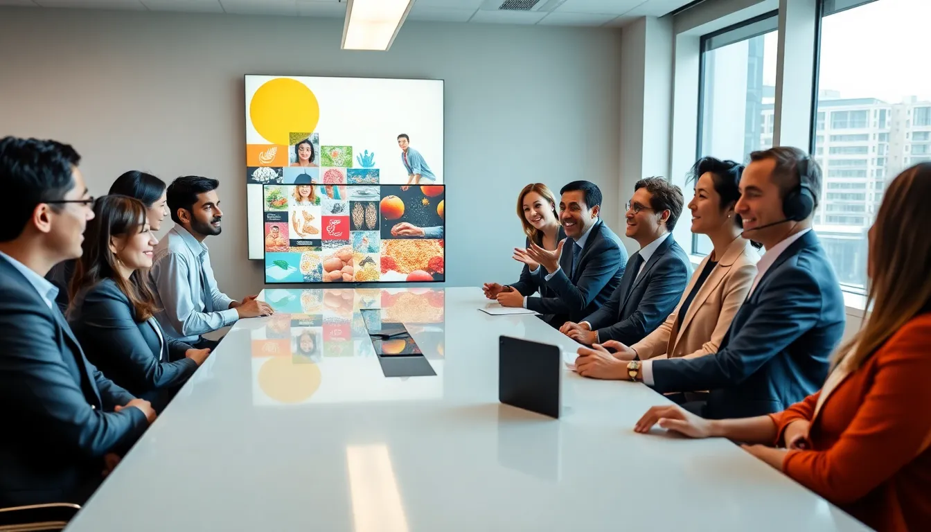 diverse team discussing cultural themes in a modern office.