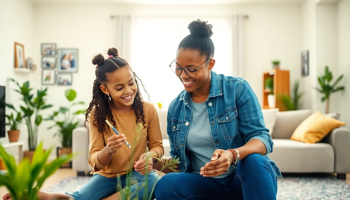 a loving single-parent family engaged in a creative activity at home.