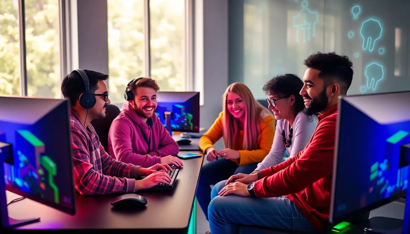 diverse gamers collaborating in a modern workspace on Minecraft Redwebzine Java.