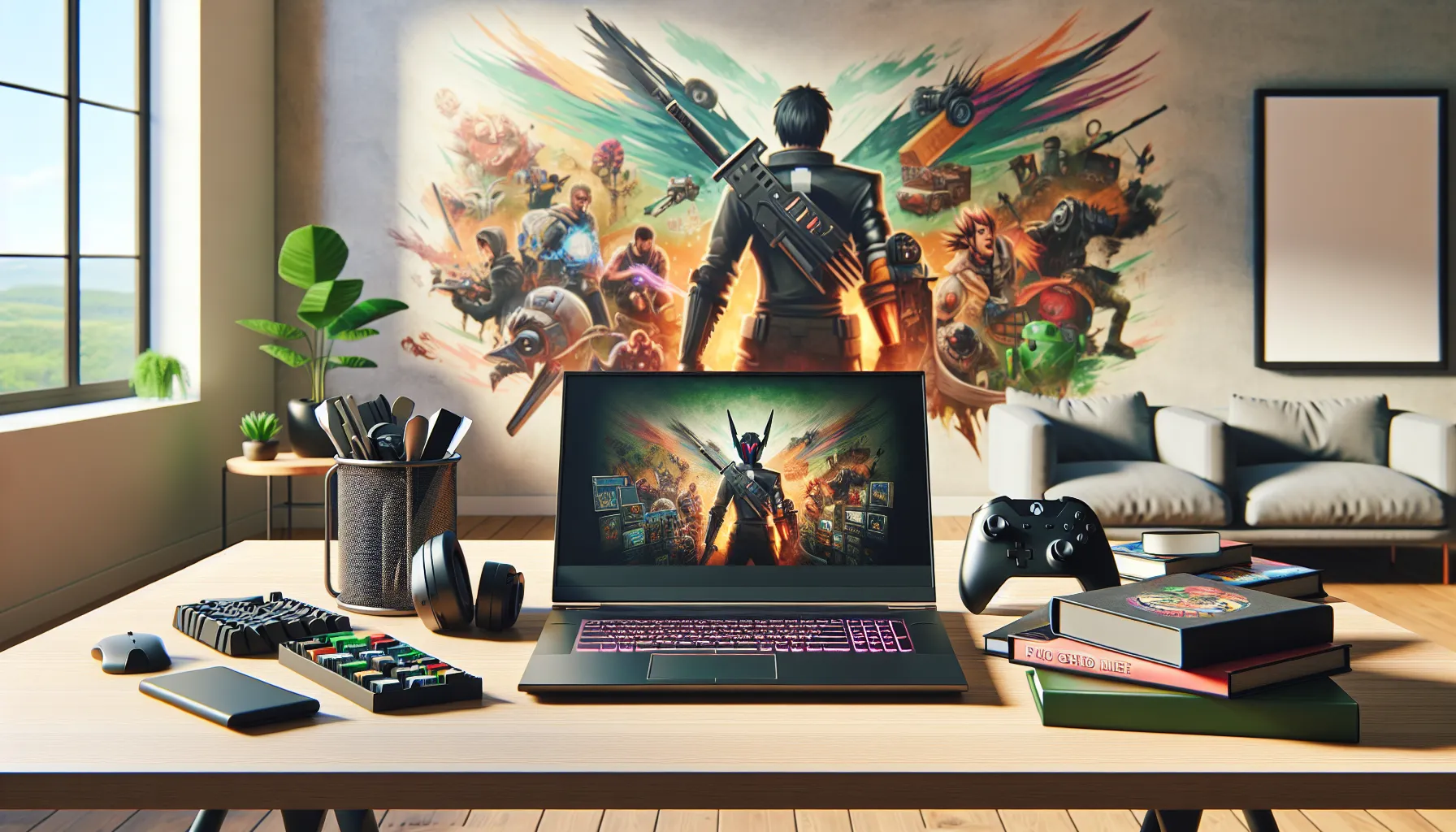 a laptop displaying ThinkOfGames in a modern gaming workspace.