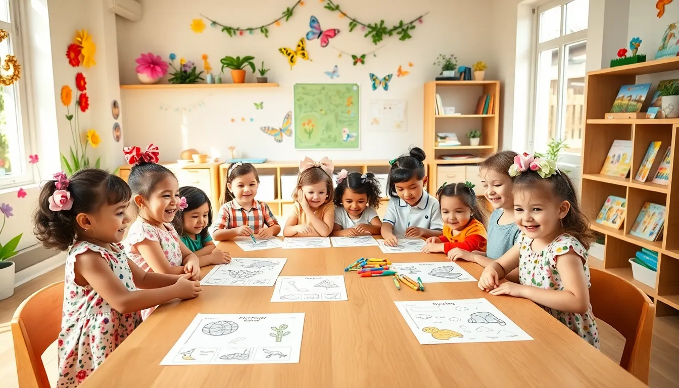 children engaging with spring worksheets in a bright preschool classroom.