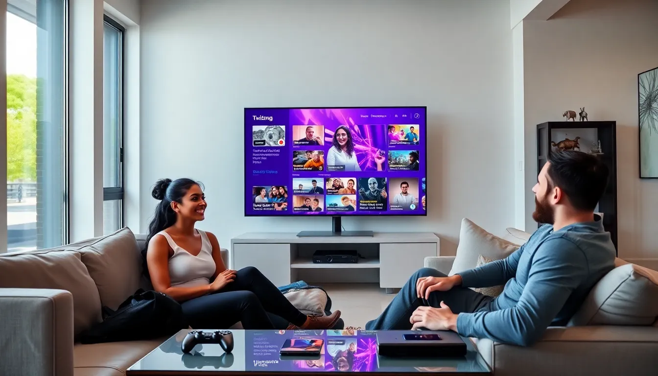 Diverse group enjoying the Twitch app on a Samsung TV in a modern living room.