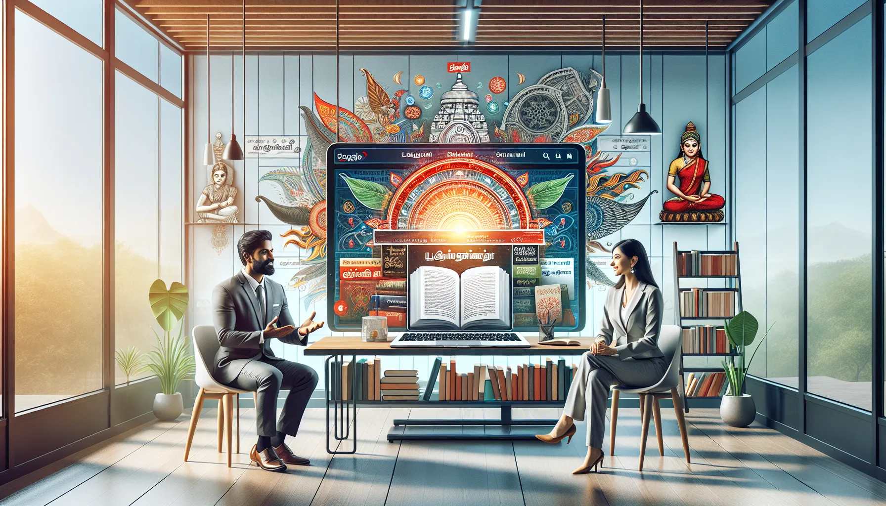 professionals discussing Tamil literature on a laptop in a modern office.