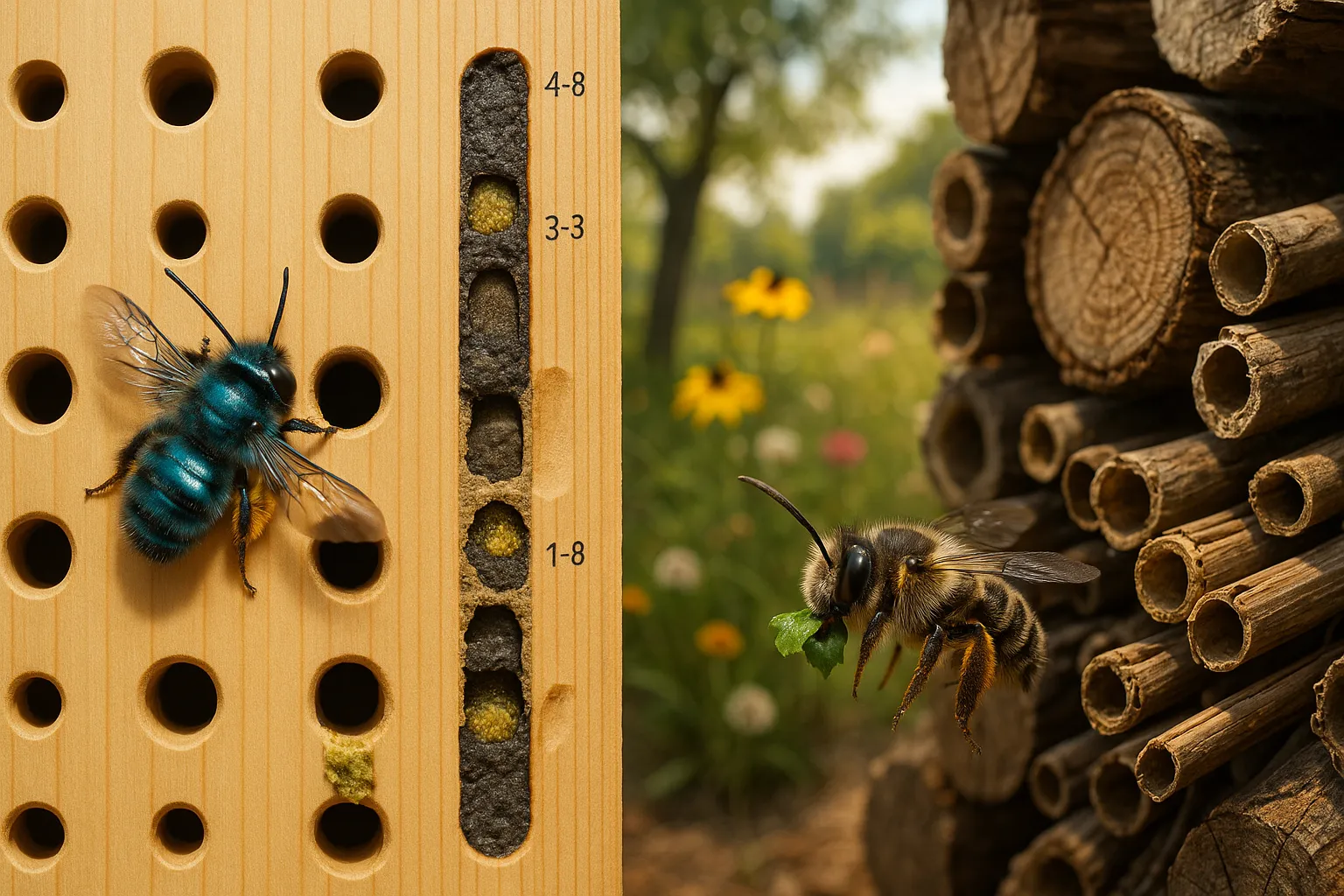 Split close-up of a drilled bee hotel and a natural log pile with solitary bees.