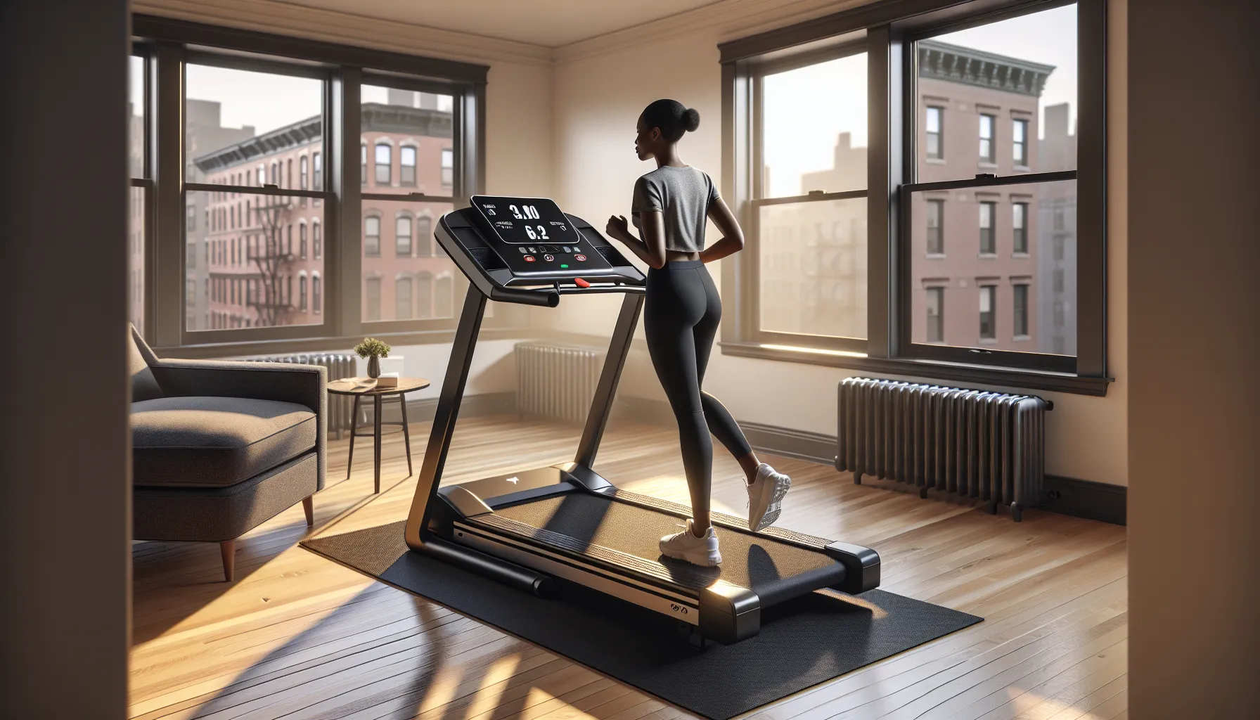 Beginner walking on a folding treadmill in a bright, compact apartment.