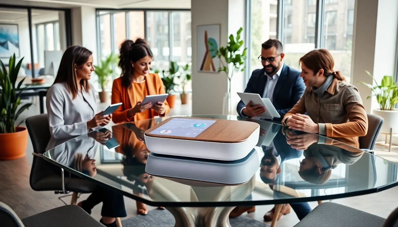 Diverse team discussing the Amatiista_12 in a modern office.