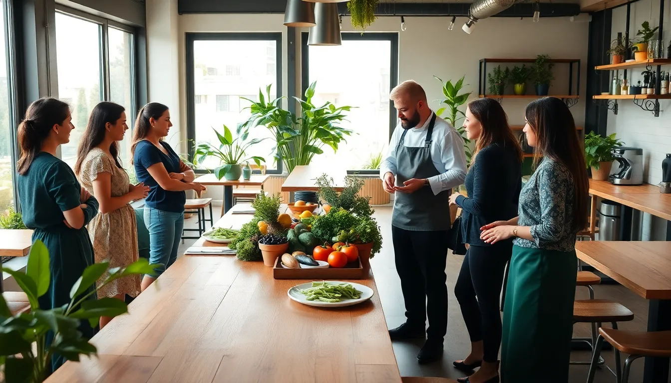 professionals discussing sustainable dining practices in a modern restaurant.