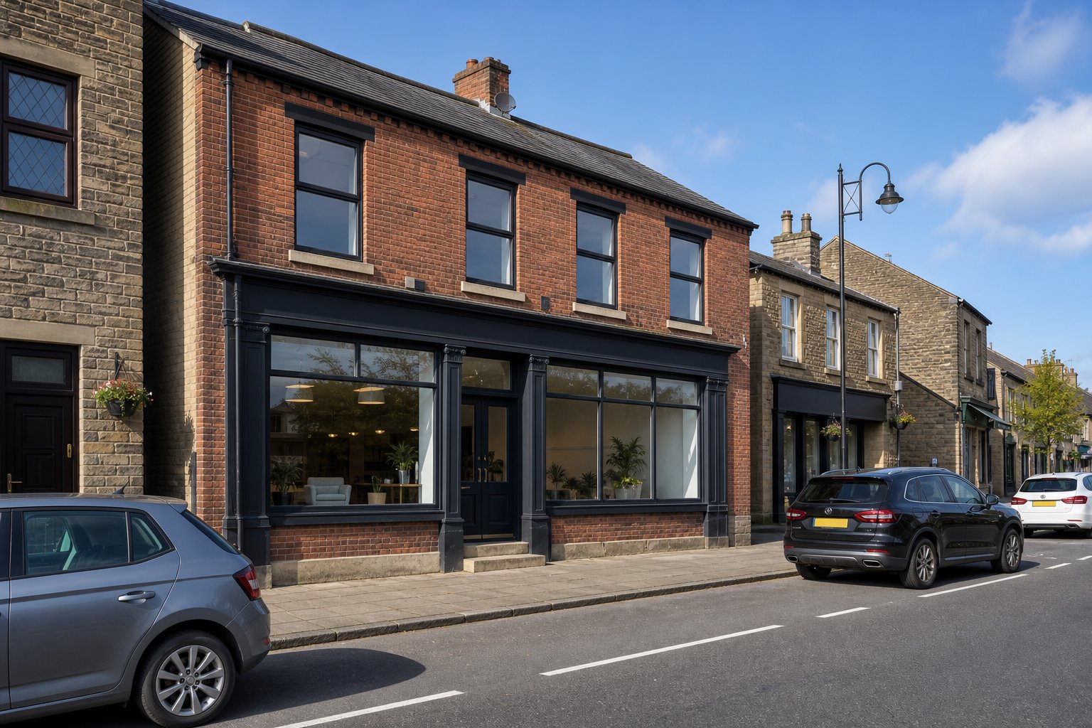 Commercial Mortgages In Haslingden 9 Brick retail property on a Haslingden-style high street in natural daylight.