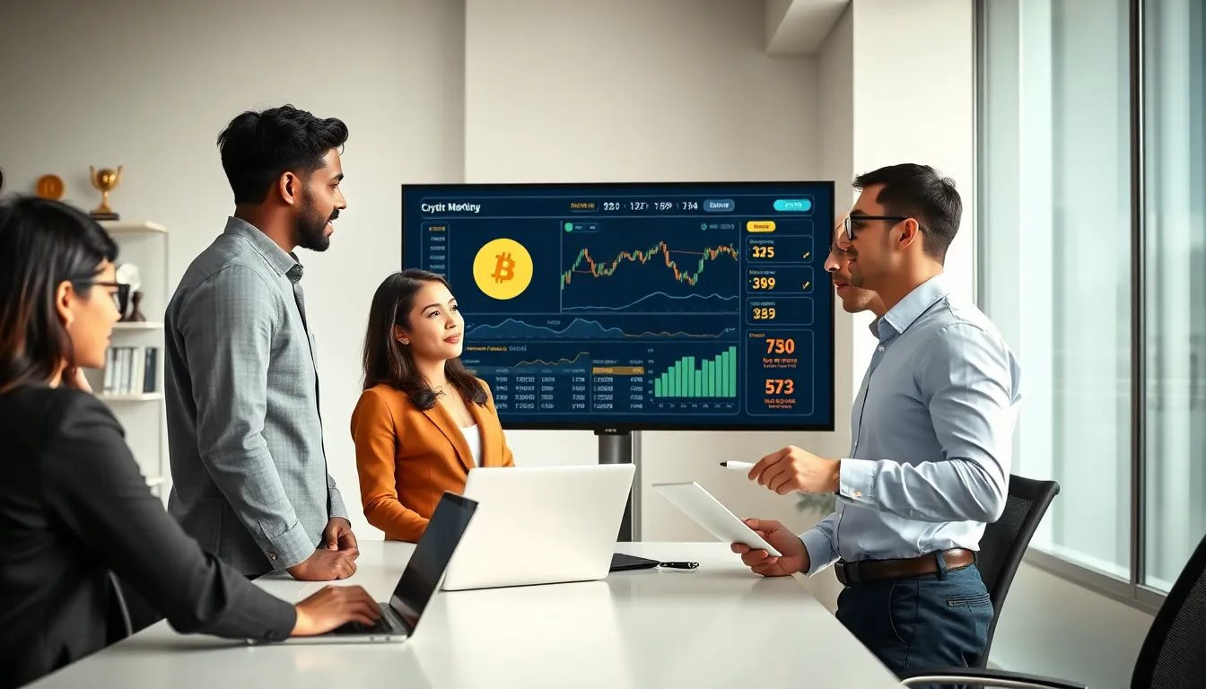 diverse team discussing cryptocurrency trends in a modern office.
