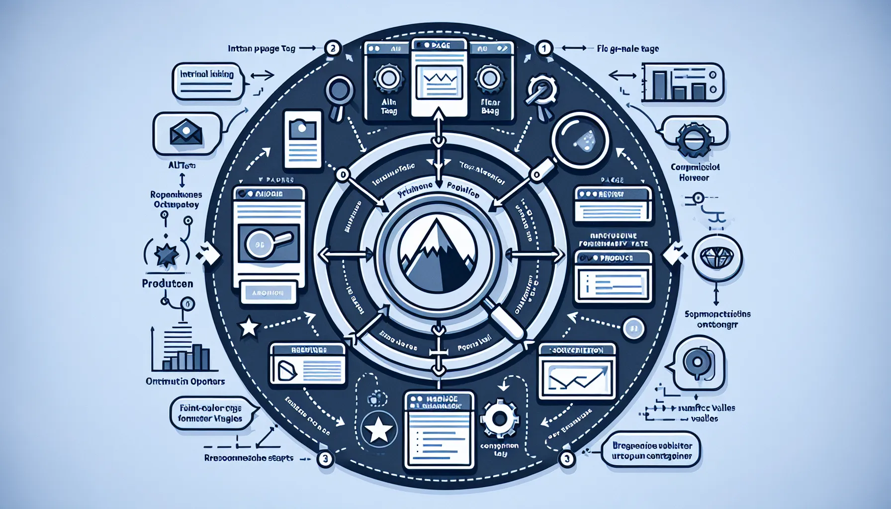 Circular infographic showing internal links, image optimisation, and schema markup for SEO.