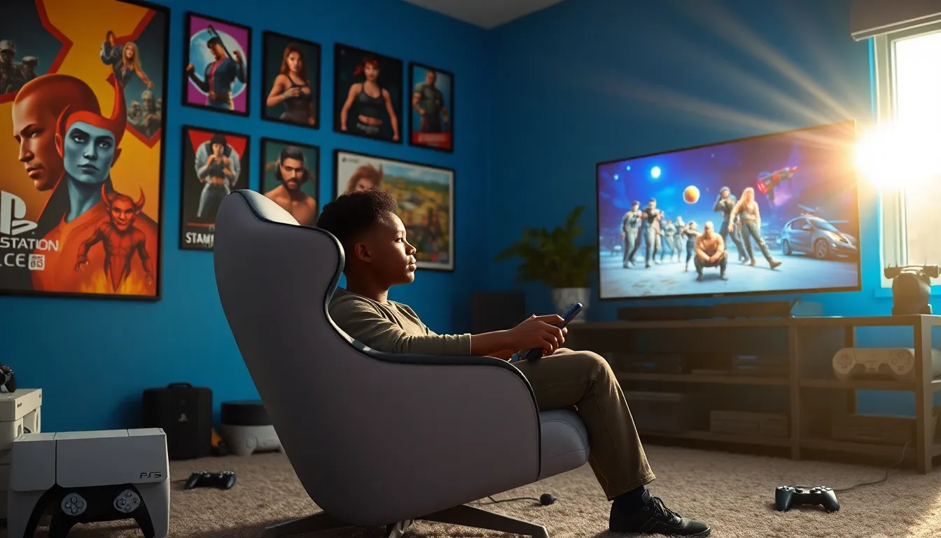 a gamer playing on a PlayStation 5 in a cozy gaming room.