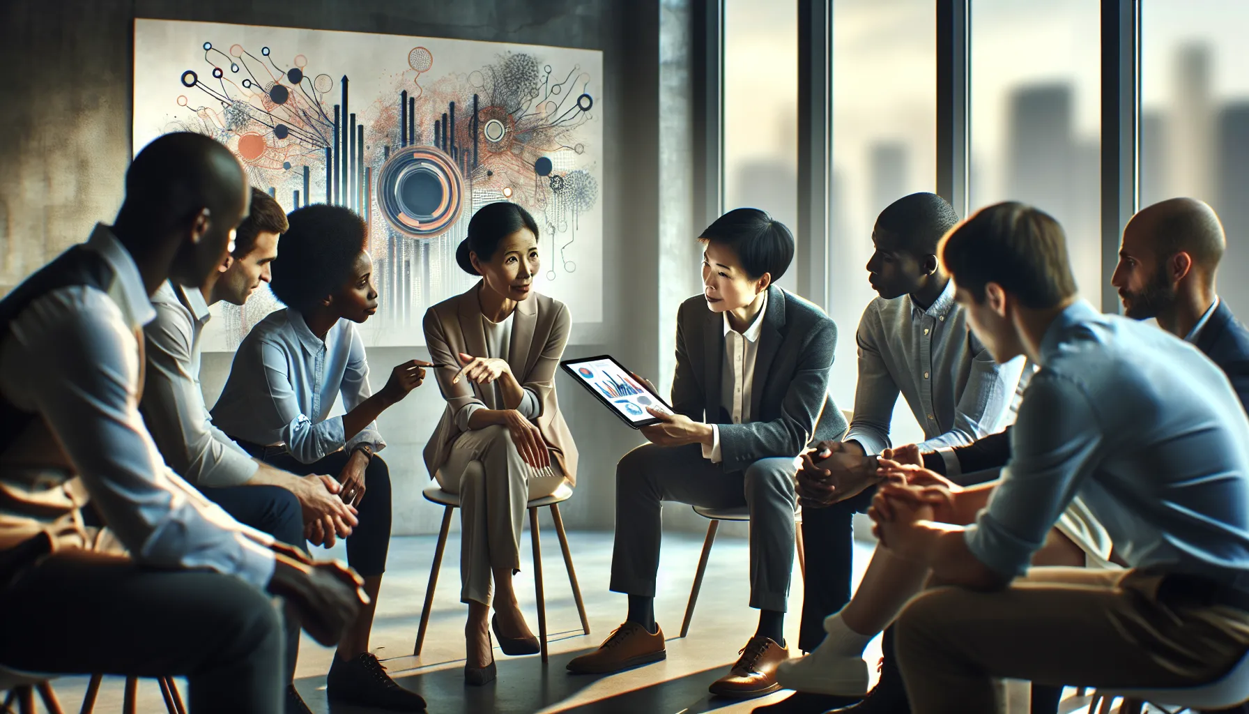 diverse professionals discussing ideas in a modern office setting.