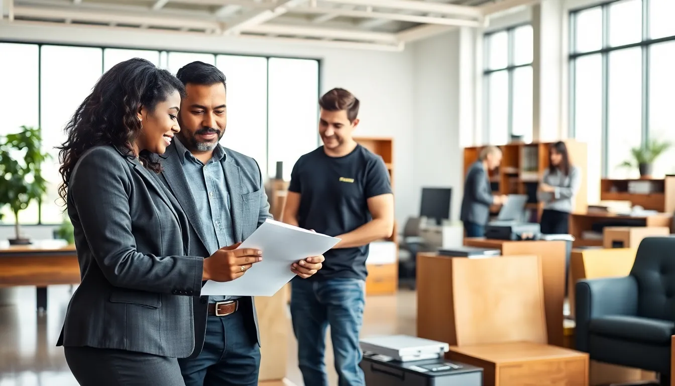 diverse team discussing junk removal services in a modern office.