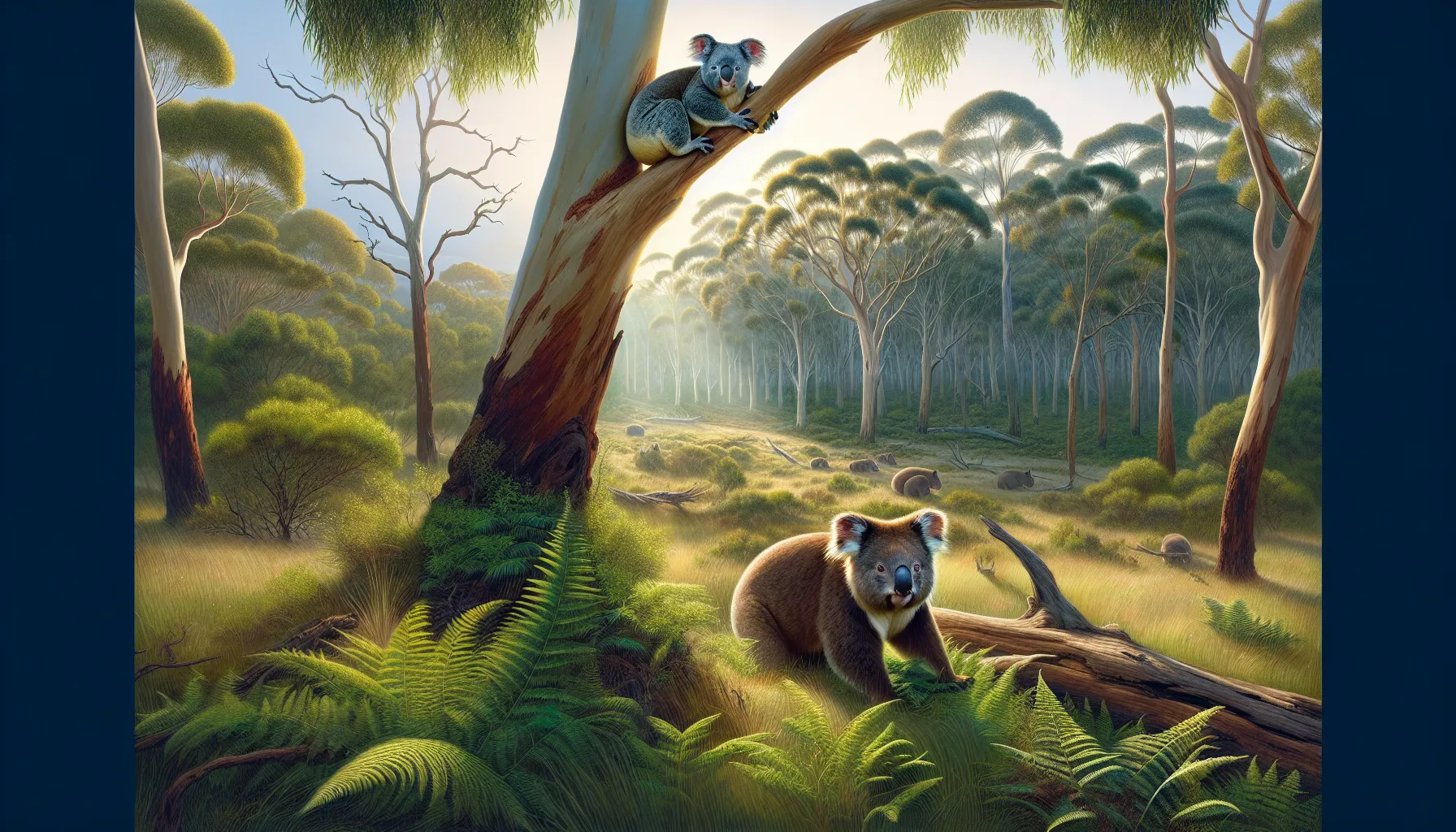 A koala on a tree and a wombat near a burrow in an Australian forest.