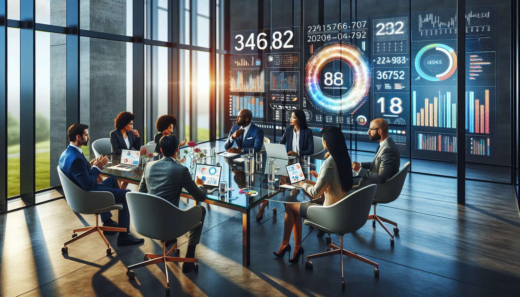 diverse team collaborating in a modern office, focusing on a significant number.