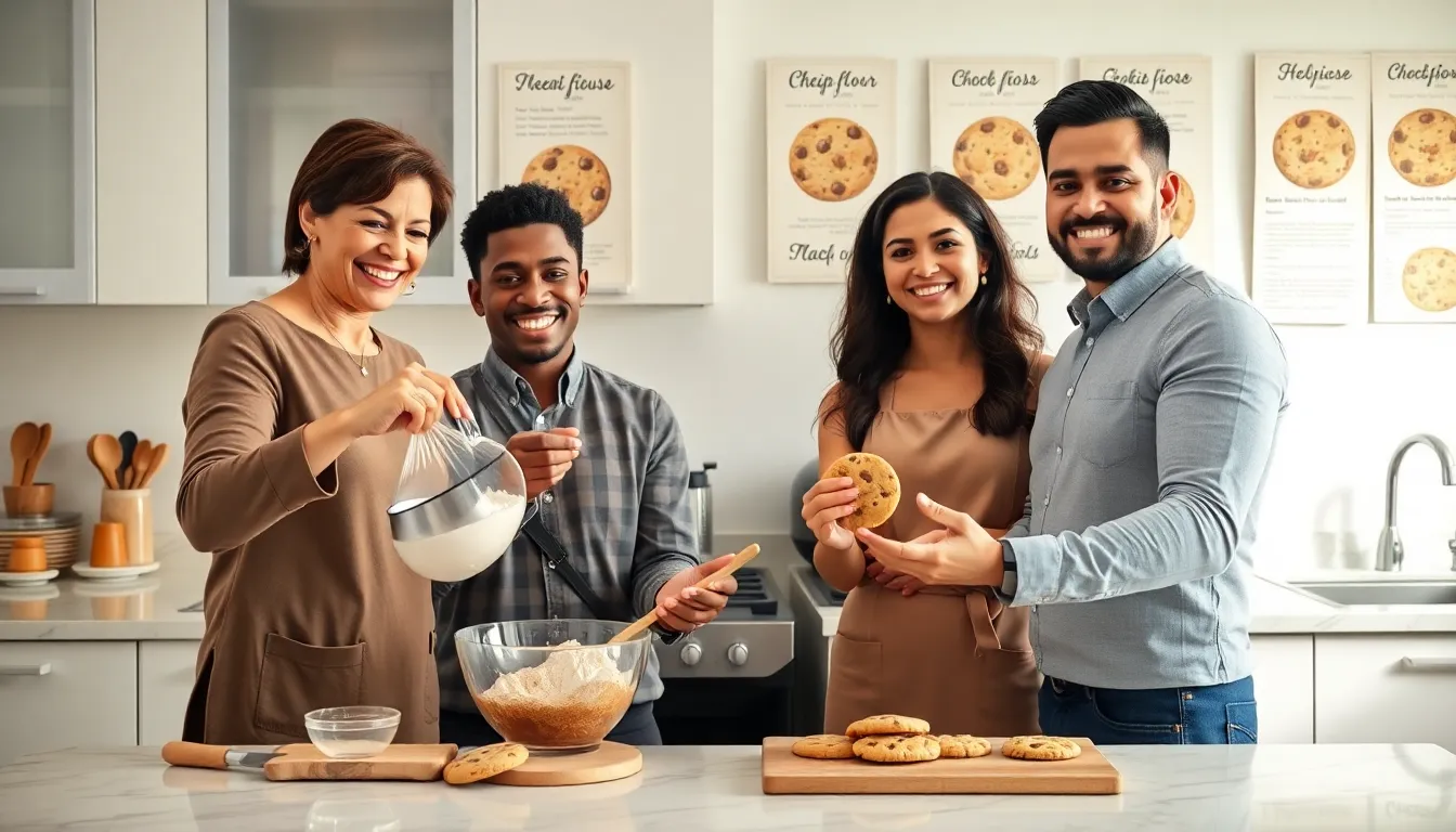 group baking cookies in a modern kitchen setting.